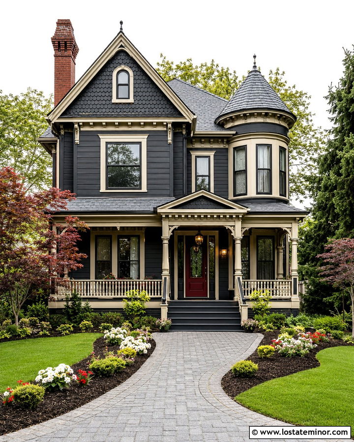 Soft Black Victorian With Decorative Brick Chimney - 30 Soft Black House Design With Chimney Ideas