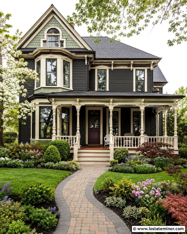 Soft Black Victorian With Decorative Porch Columns - 30 Soft Black House Design With Porch Columns Ideas