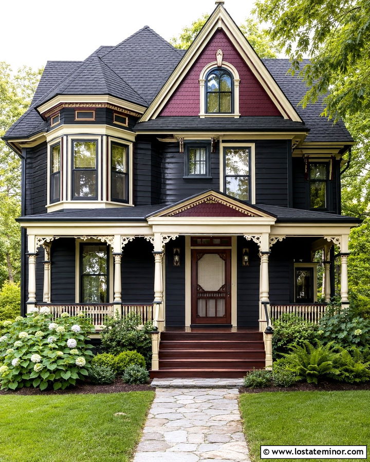 Soft Black Victorian With Decorative Wood Screen Door - 30 Soft Black House Design With Screen Door Ideas