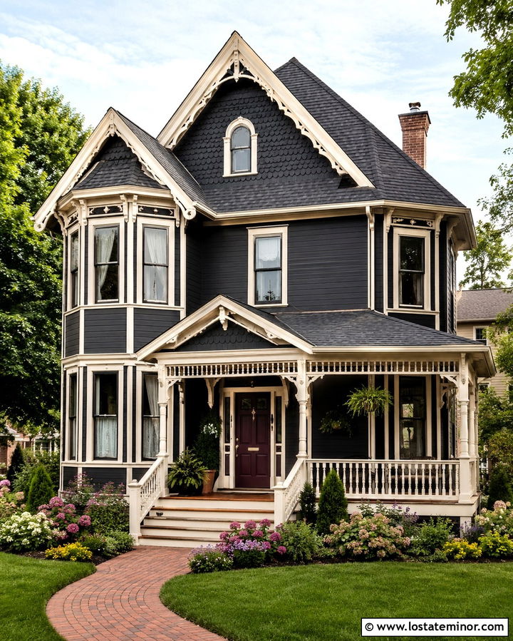 Soft Black Victorian With Fish Scale Shingles - 30 Soft Black House Design With Shingles Ideas