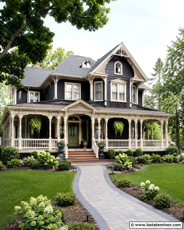 Soft Black Victorian With Wraparound Porch - 30 Soft Black House Design With Front Porch Ideas