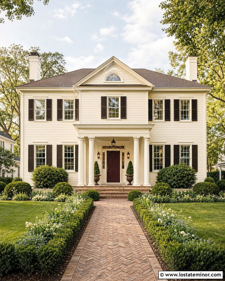 Soft Chamois Colonial Revival Porch - 30 Warm White House Design With Front Porch Ideas