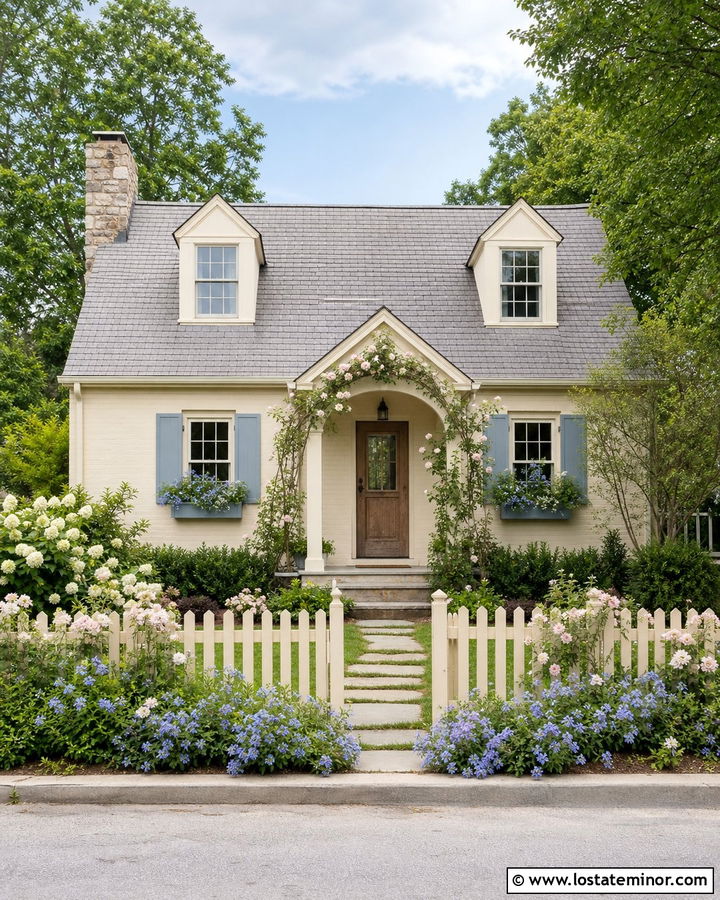 Soft Chamois Cottage With Blue Window Boxes - 30 Warm White House Design With Window Boxes Ideas