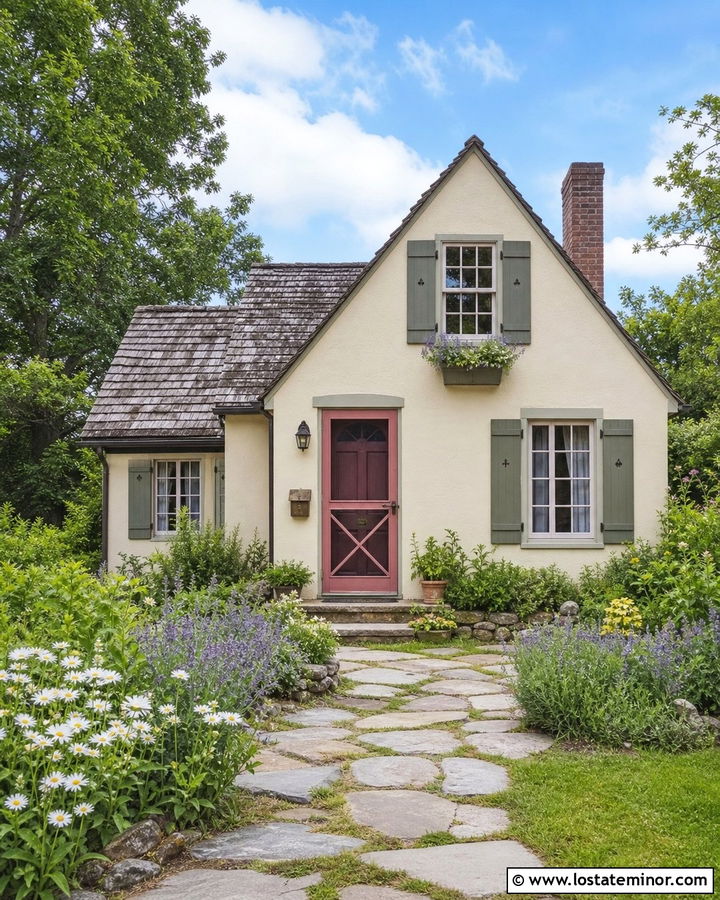 Soft Chamois Cottage With Dusty Rose Screen Door - 30 Warm White House Design With Screen Door Ideas