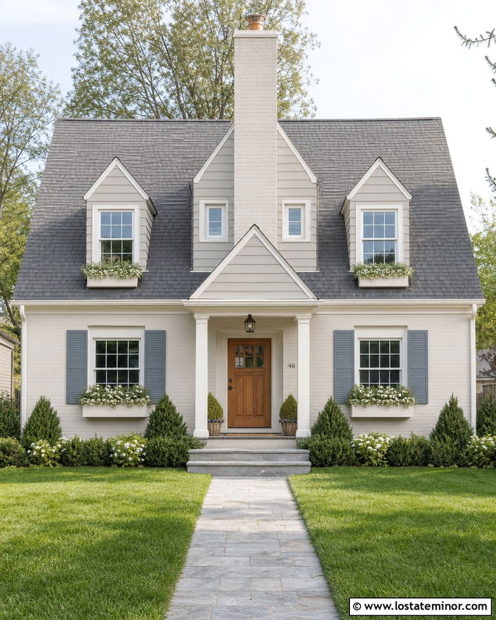 Soft Greige Cape Cod With Cream Brick - 30 Greige House Design With Brick Accents Ideas