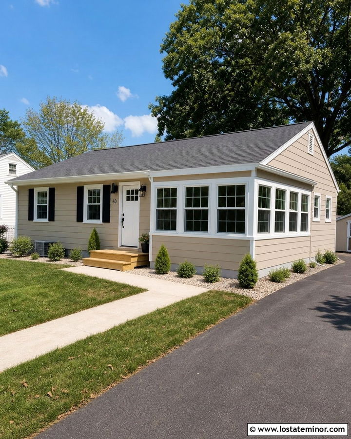 Soft Tan Small House With Budget Sunroom - 30 Tan House Design With Sunroom Ideas
