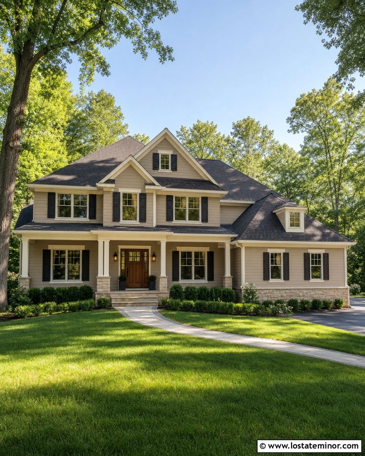 Soft Taupe Traditional House With Mixed Dormers - 30 Taupe House Design With Dormers Ideas