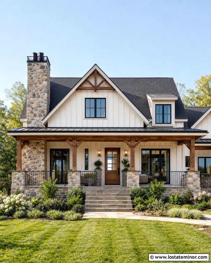 Soft White Board and Batten With Natural Fieldstone - 30 Stone House Design With Board and Batten Ideas