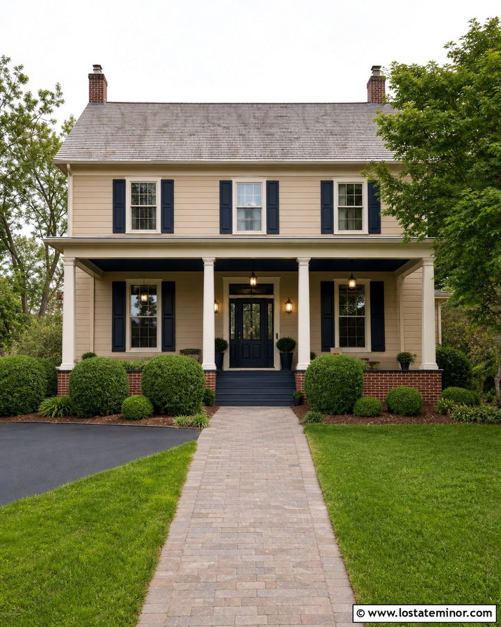 Softer Tan House With Navy Porch Ceiling - 30 Beige House Design With Porch Ceiling Ideas