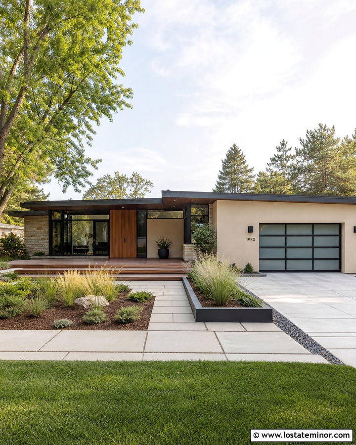 Softer Tan Midcentury House With Floating Deck - 30 Beige House Design With Deck Ideas