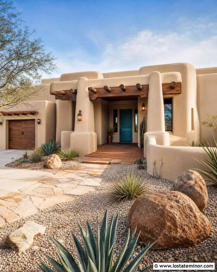 Southwest Beige House With Courtyard Front Porch - 30 Beige House Design With Front Porch Ideas