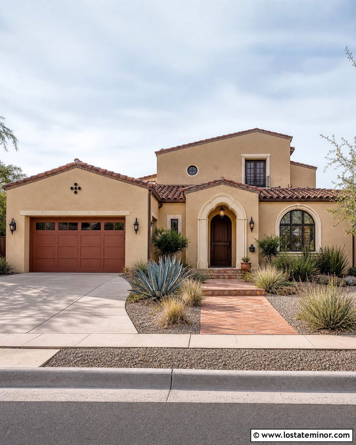 Spanish Sand Stucco With Terracotta Garage Door - 30 Beige House Design With Garage Door Ideas
