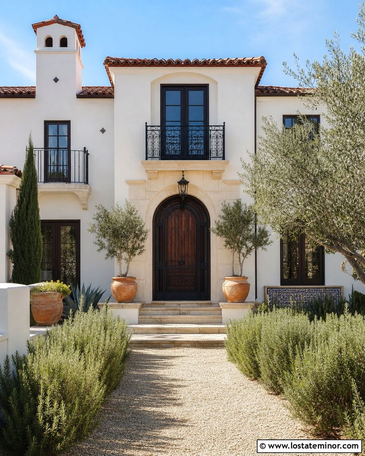 Spanish White Mediterranean House With Iron Screen Door - 30 Warm White House Design With Screen Door Ideas