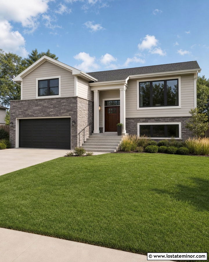 Split Level House With Stone Garage Wall - 30 Stone House Design With Stone Accents Ideas