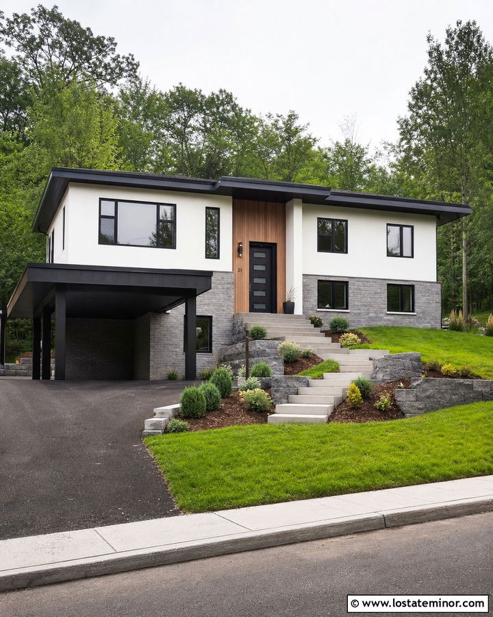 Split Level Stone House With Cantilevered Carport - 30 Stone House Design With Carport Ideas