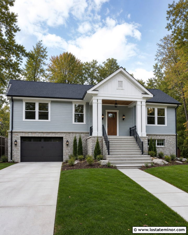 Split Level Stone House With Gabled Porch Columns - 30 Stone House Design With Porch Columns Ideas