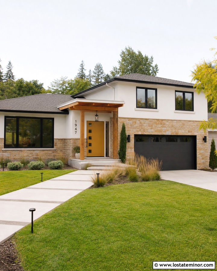 Split Level Stone House With Mustard Front Door - 30 Stone House Design With Front Door Ideas