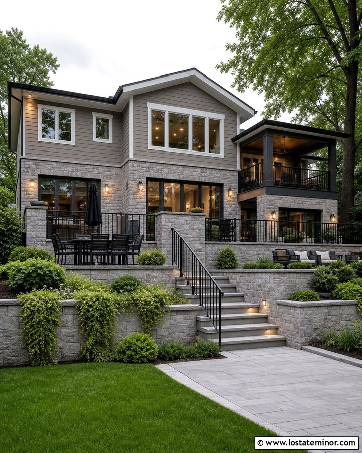Split Level Stone House With Retaining Walls - 30 Stone House Design With Backyard Ideas