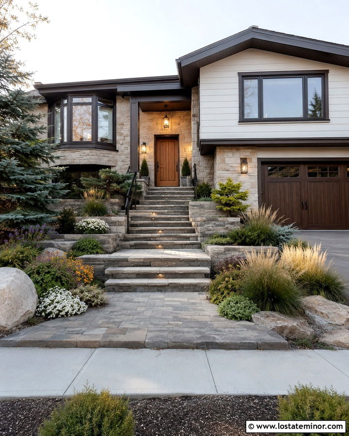 Split Level Stone House With Terraced Yard - 30 Stone House Design With Front Yard Ideas