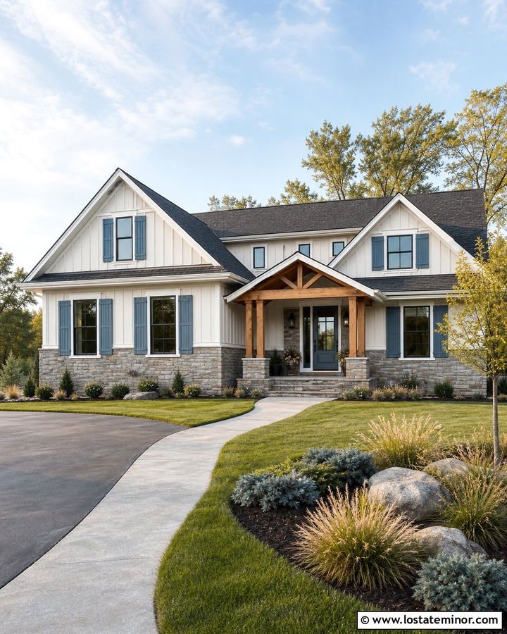Stacked Stone House With Blue Gray Shutters - 30 Stone House Design With Shutters Ideas