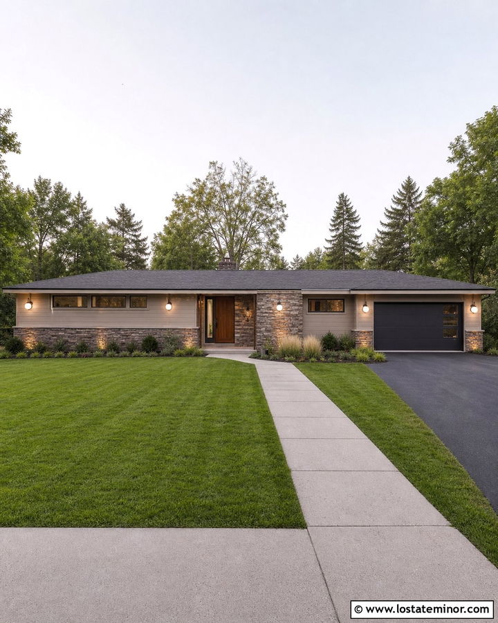 Stacked Stone Ranch With Globe Sconces - 30 Stone House Design With Light Fixtures Ideas