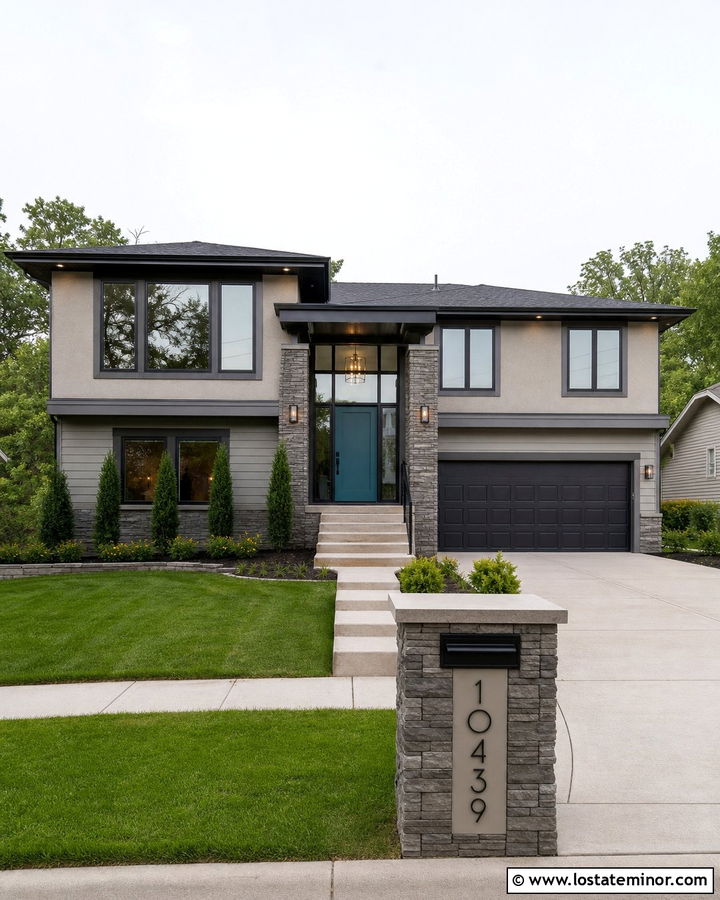 Stacked Stone Split Level House With Greige Mailbox - 30 Stone House Design With Mailbox Ideas