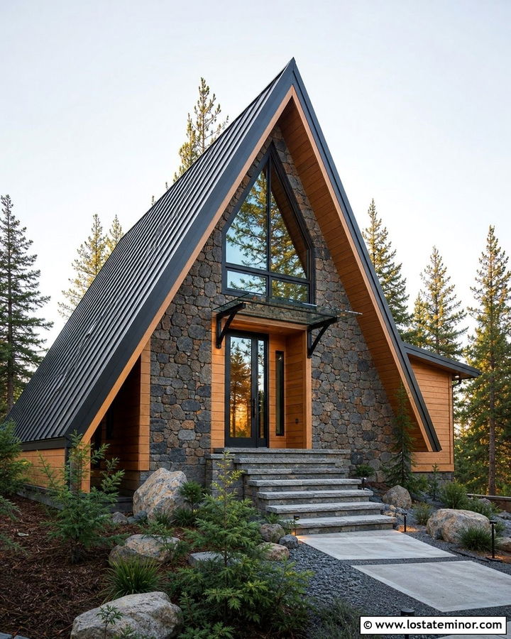 Stone A Frame House With Glass Awning - 30 Stone House Design With Awning Ideas