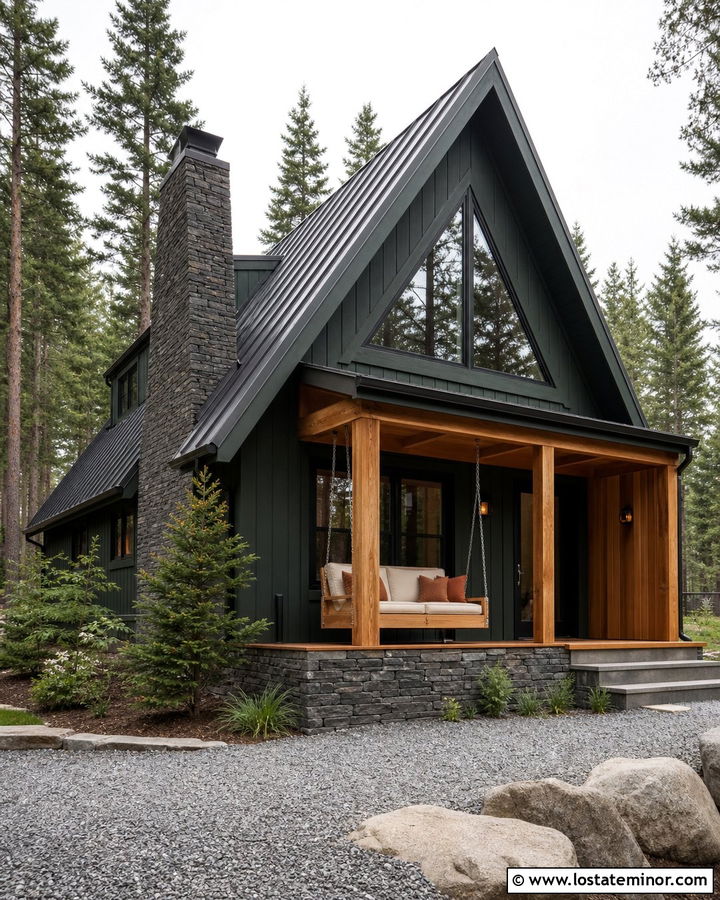 Stone A Frame House With Timber Swing - 30 Stone House Design With Swing Ideas