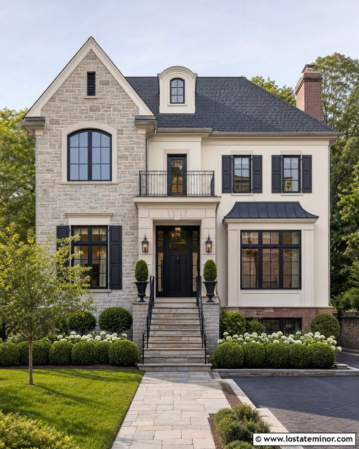 Stone And Brick House With Black Shutters - 30 Stone House Design With Shutters Ideas