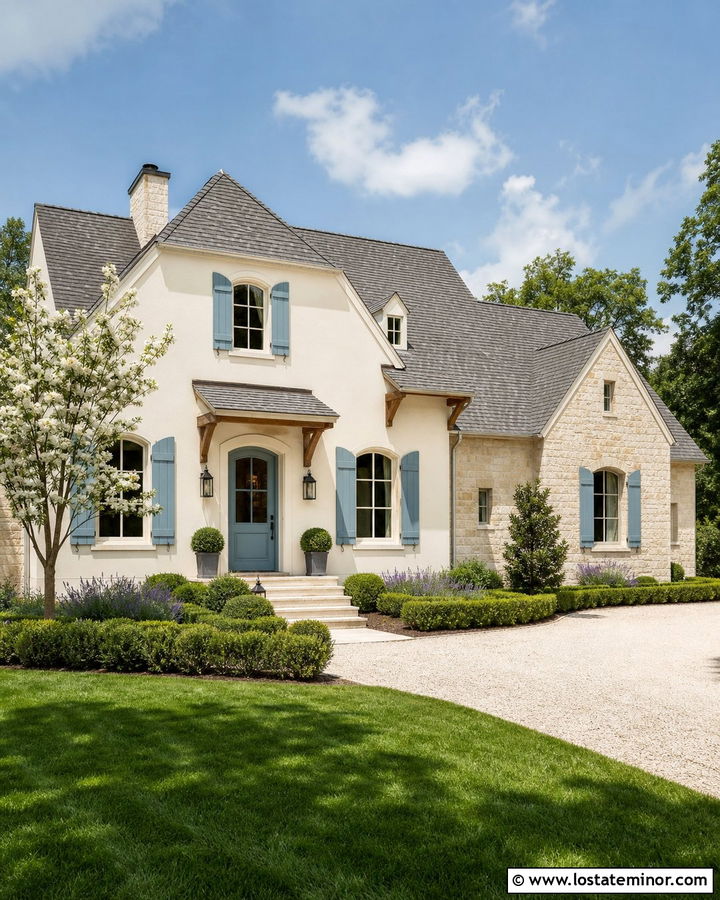 Stone And Stucco House With Blue Shutters - 30 Stone House Design With Shutters Ideas