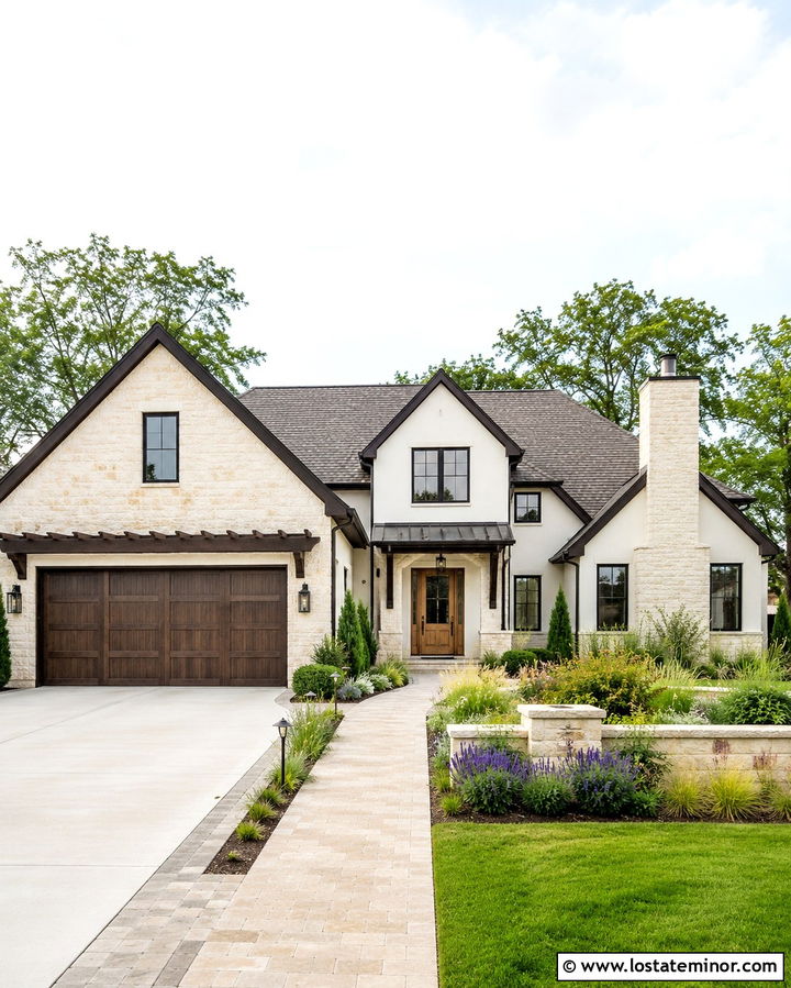 Stone And Stucco House With Layered Front Yard - 30 Stone House Design With Front Yard Ideas
