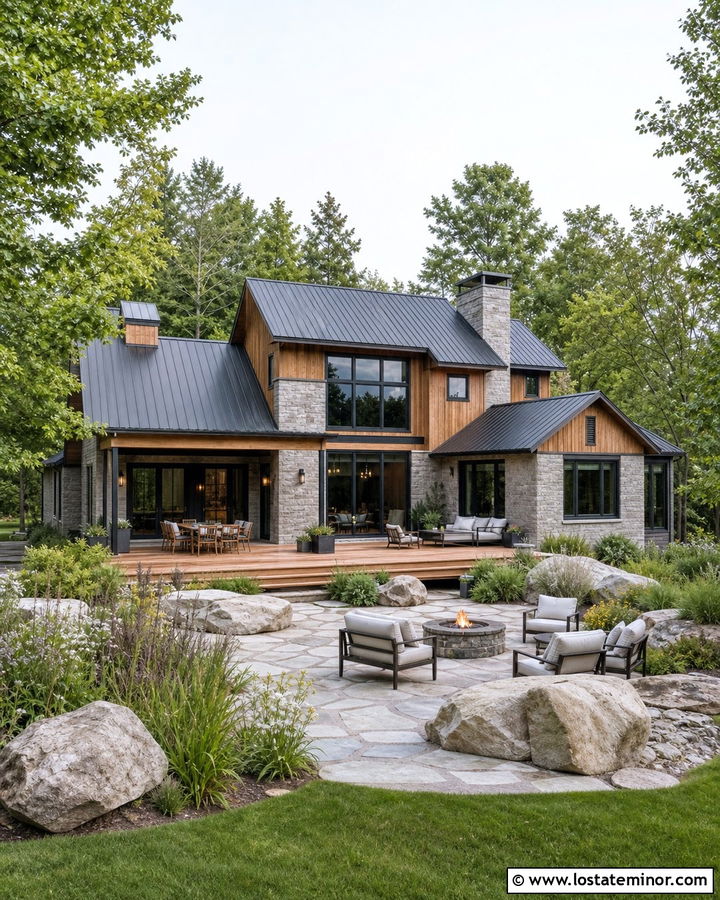 Stone And Wood House With Natural Backyard - 30 Stone House Design With Backyard Ideas