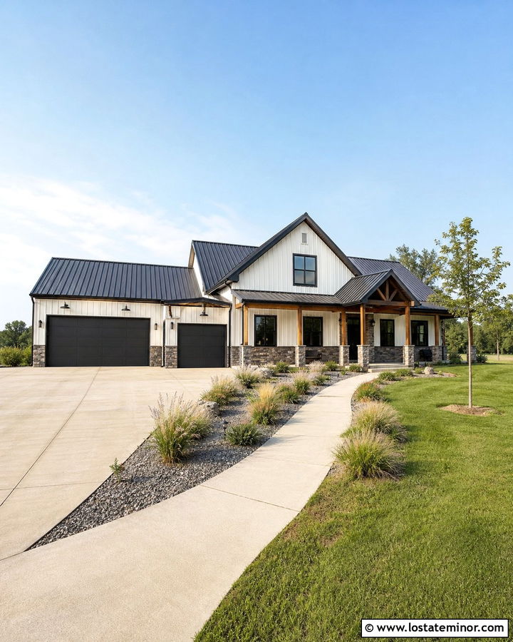 Stone Barndominium With Black Garage Door - 30 Stone House Design With Garage Door Ideas