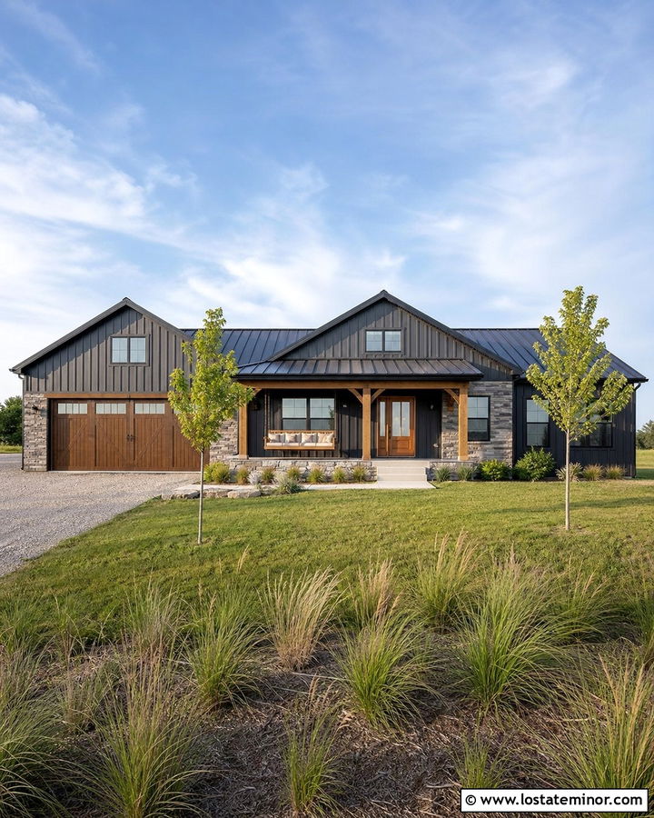 Stone Barndominium With Oversized Swing - 30 Stone House Design With Swing Ideas