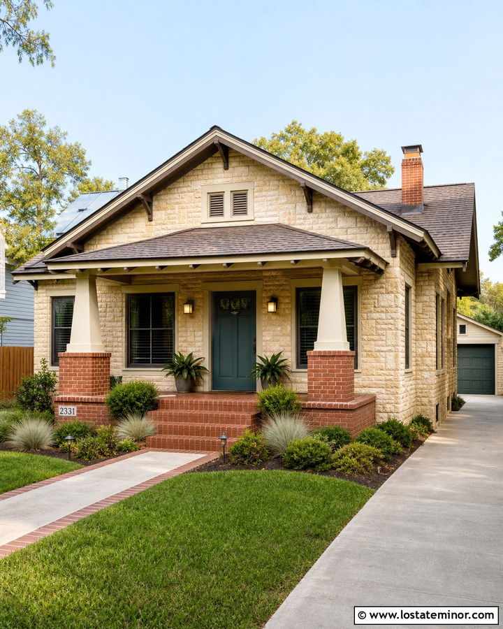Stone Bungalow With Brick Entry Accents - 30 Stone House Design With Brick Accents Ideas