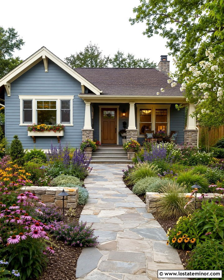 Stone Bungalow With Colorful Front Garden - 30 Stone House Design With Front Yard Ideas