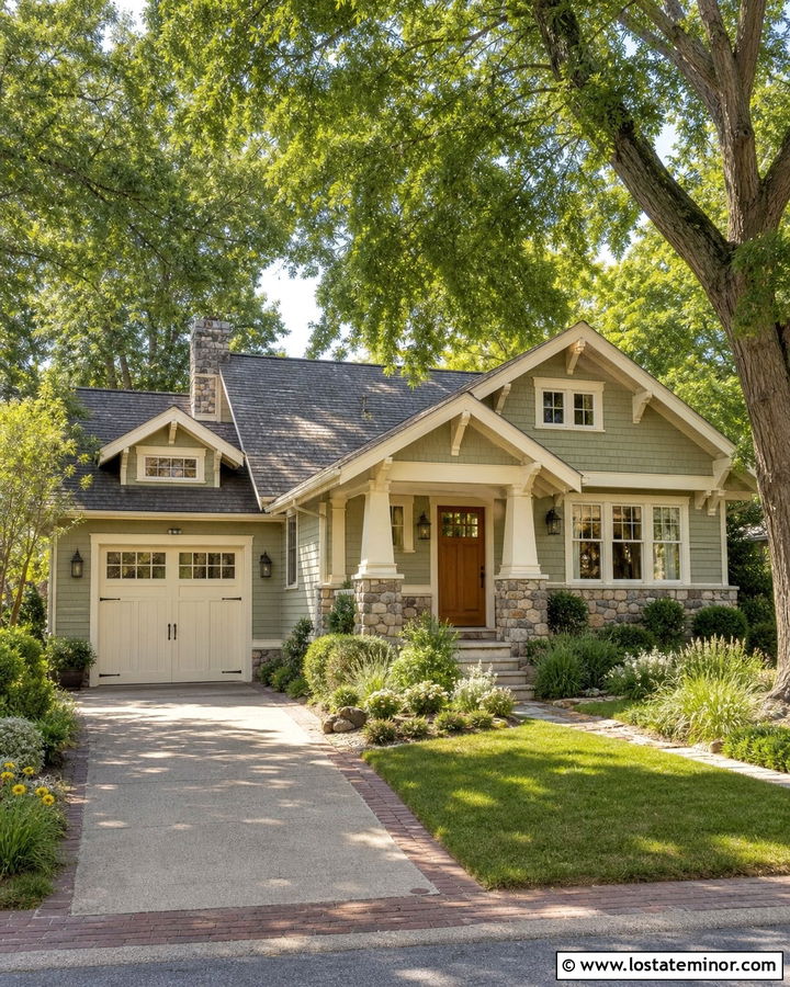 Stone Bungalow With Cream Garage Door - 30 Stone House Design With Garage Door Ideas