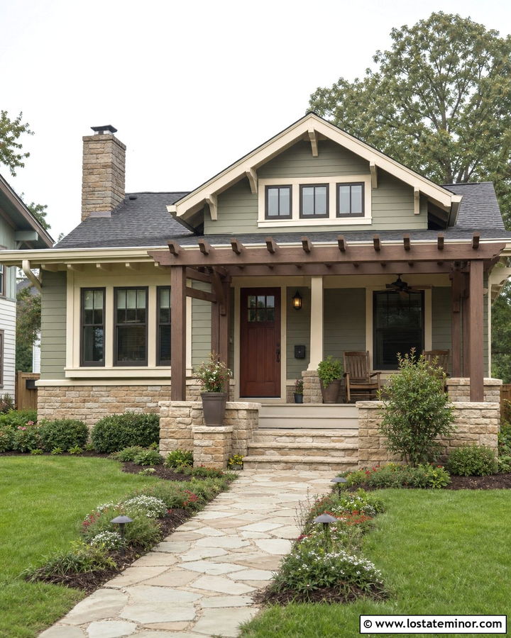 Stone Bungalow With Entry Pergola - 30 Stone House Design With Pergola Ideas