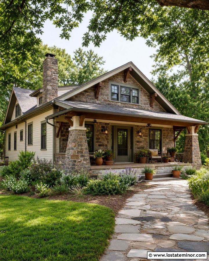 Stone Bungalow With Green Screen Door - 30 Stone House Design With Screen Door Ideas