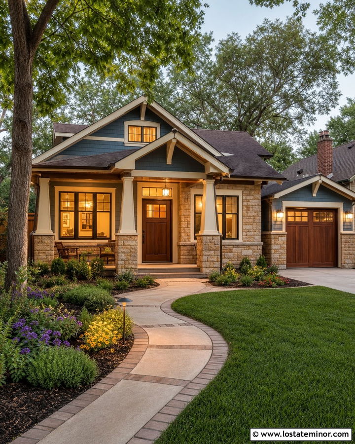 Stone Bungalow With Layered Porch Lighting - 30 Stone House Design With Lighting Ideas
