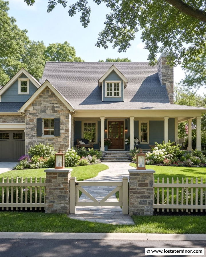 Stone Bungalow With Low Garden Fence - 30 Stone House Design With Fence Ideas