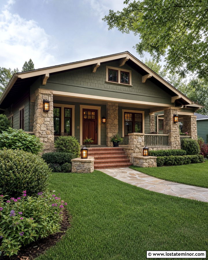Stone Bungalow With Mission Sconces - 30 Stone House Design With Light Fixtures Ideas