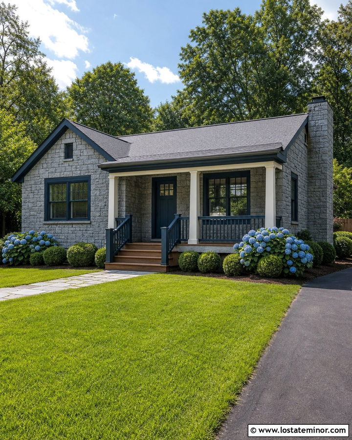 Stone Bungalow With Navy Window Frames - 30 Stone House Design With Window Frames Ideas