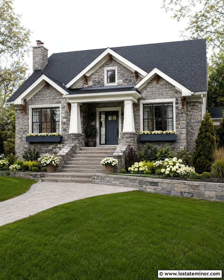 Stone Bungalow With Painted Blue Window Boxes - 30 Stone House Design With Window Boxes Ideas