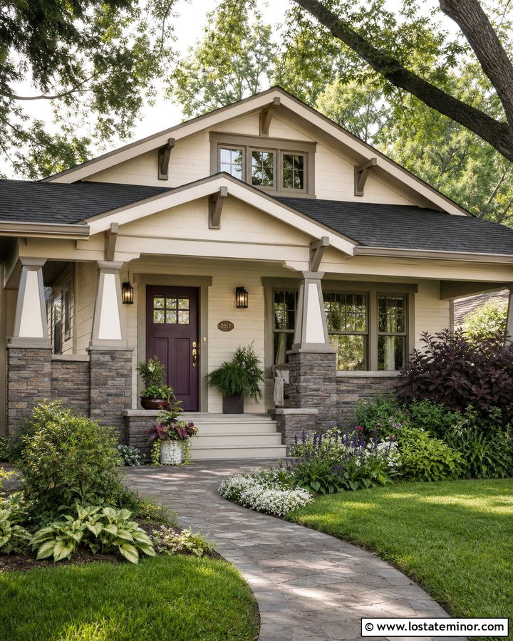 Stone Bungalow With Plum Front Door - 30 Stone House Design With Front Door Ideas