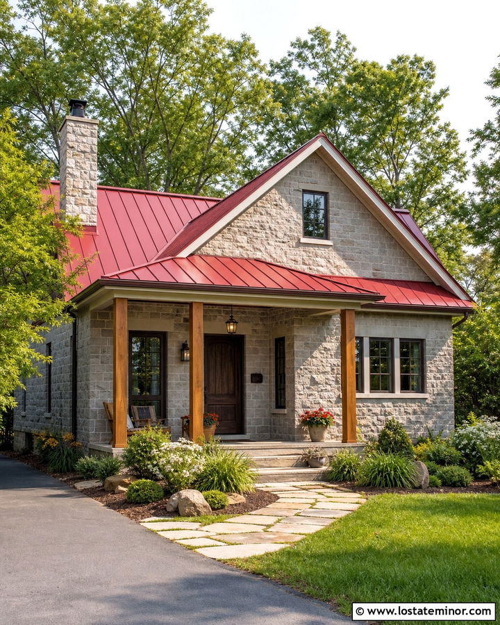 Stone Bungalow With Red Metal Roof - 30 Stone House Design With Roof Ideas