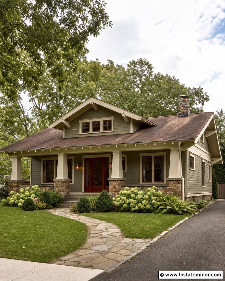 Stone Bungalow With Red Storm Door - 30 Stone House Design With Storm Door Ideas