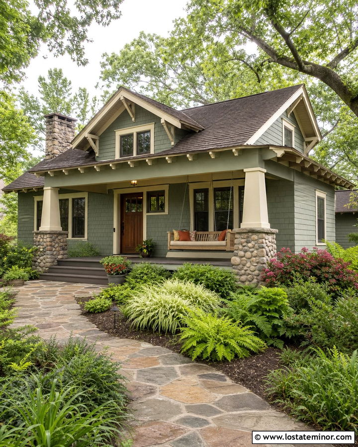 Stone Bungalow With Rope Porch Swing - 30 Stone House Design With Swing Ideas