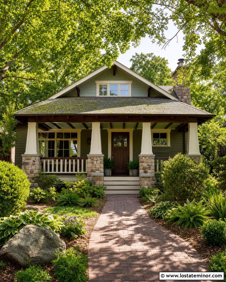 Stone Bungalow With Sage Green Porch Ceiling - 30 Stone House Design With Porch Ceiling Ideas