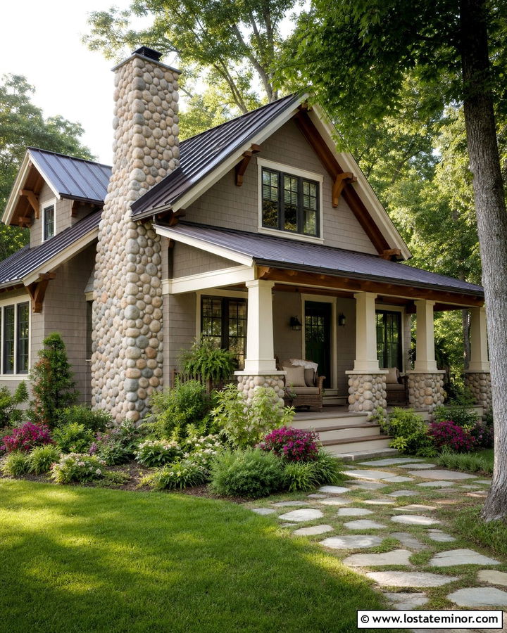 Stone Bungalow With Side Porch Chimney - 30 Stone House Design With Chimney Ideas